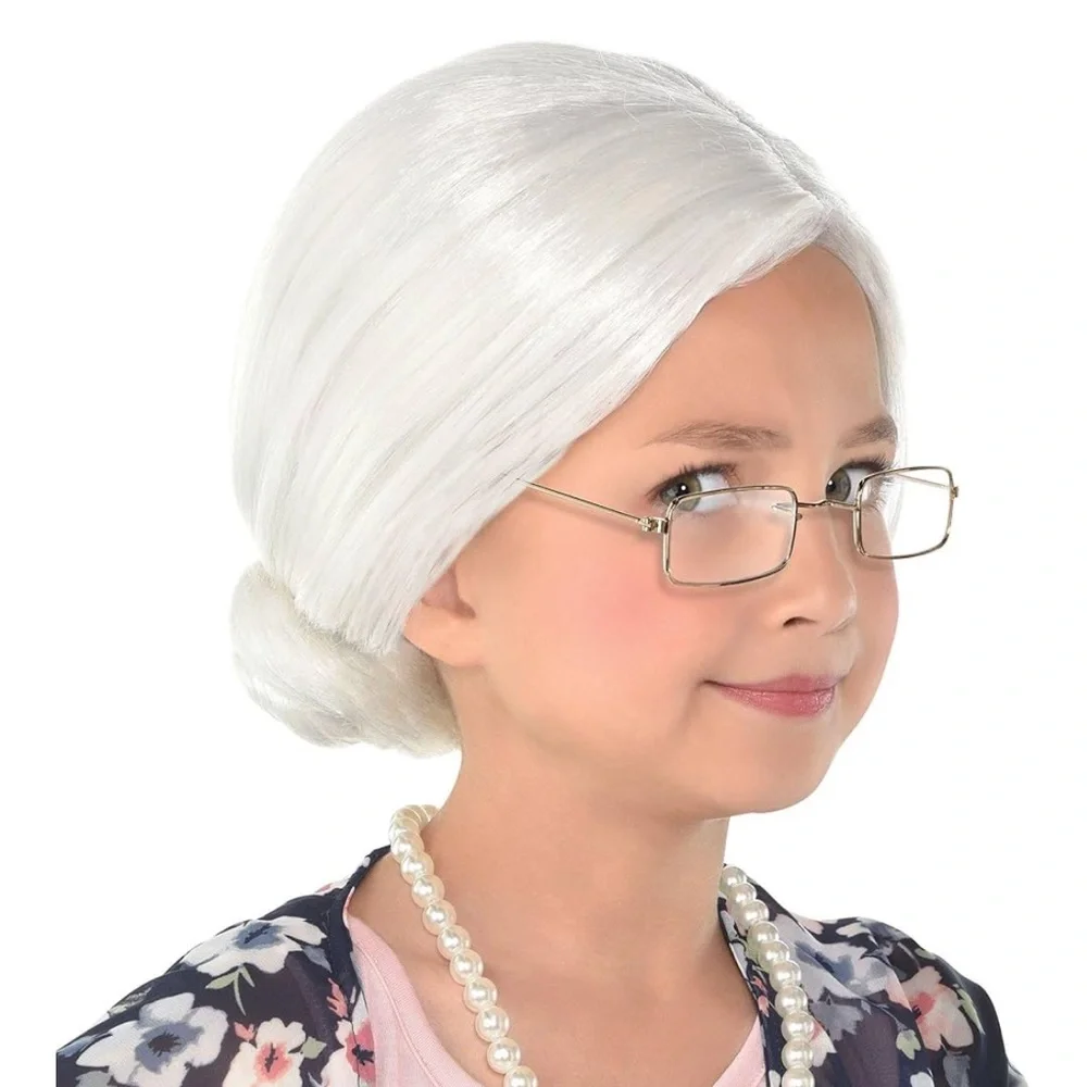 Child Old Maid Wig Costume NEW granny grandma Halloween dress up